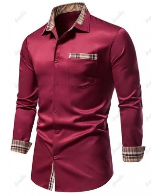 Plaid Casual Business Shirt Pocket Patch Long Sleeve Button Up Formal Shirt