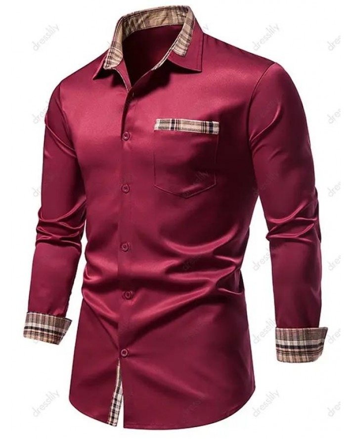 Plaid Casual Business Shirt Pocket Patch Long Sleeve Button Up Formal Shirt