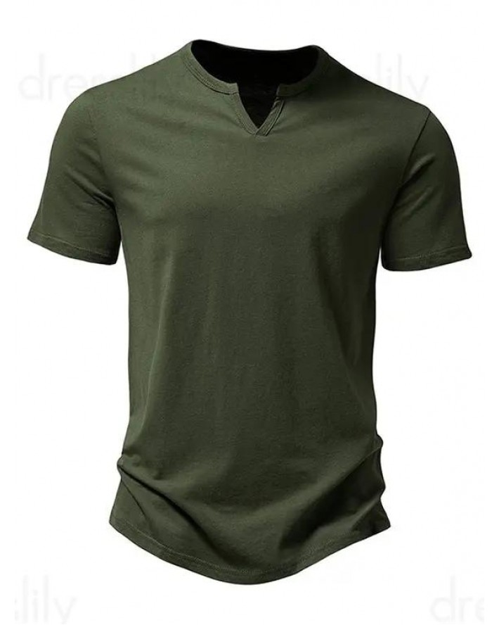 V Notched T Shirt Plain Color Round Neck Short Sleeve Basic Tee