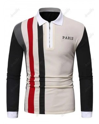 Colorblock Striped Print T Shirt PARIS Letter Print Long Sleeve T-shirt Turndown Collar A Quarter Zip Tee