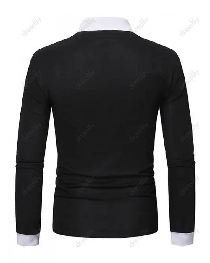 Colorblock Striped Print T Shirt PARIS Letter Print Long Sleeve T-shirt Turndown Collar A Quarter Zip Tee