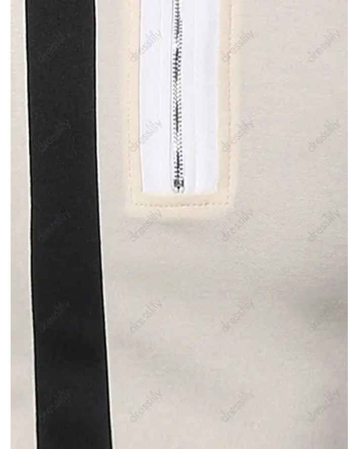 Colorblock Striped Print T Shirt PARIS Letter Print Long Sleeve T-shirt Turndown Collar A Quarter Zip Tee