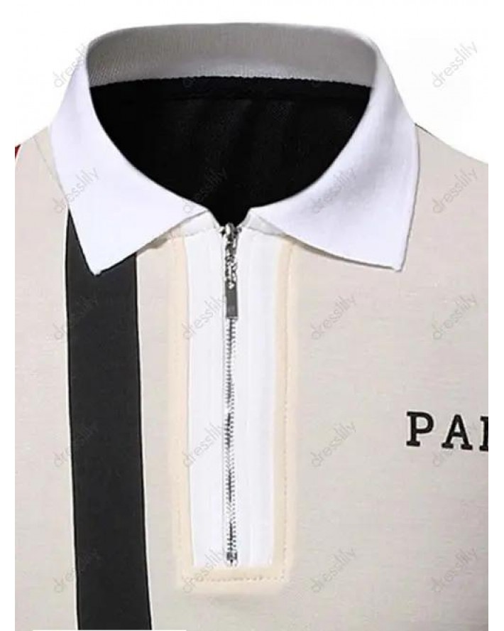 Colorblock Striped Print T Shirt PARIS Letter Print Long Sleeve T-shirt Turndown Collar A Quarter Zip Tee