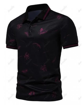 Summer Casual T Shirt Floral Leaf Letter Print Turn Down Collar Short Sleeve Half Button Tee