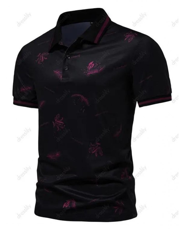 Summer Casual T Shirt Floral Leaf Letter Print Turn Down Collar Short Sleeve Half Button Tee
