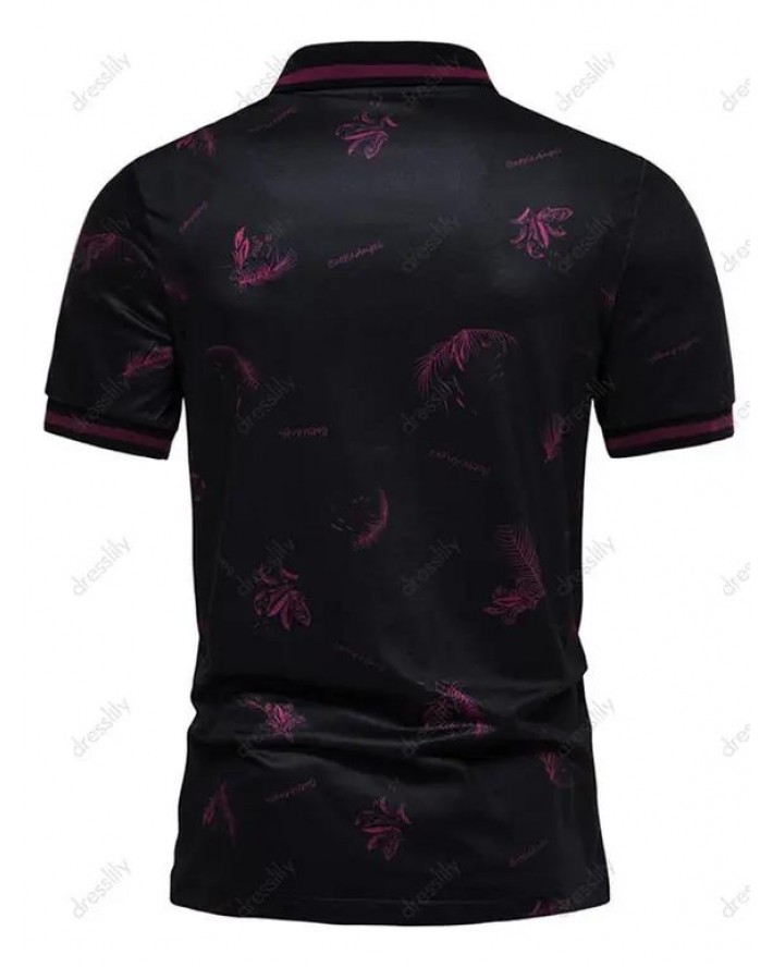 Summer Casual T Shirt Floral Leaf Letter Print Turn Down Collar Short Sleeve Half Button Tee