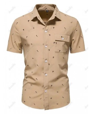Summer Button Up Shirt Tool Print Short Sleeve Turn Down Collar Front Flap Pocket Casual Shirt