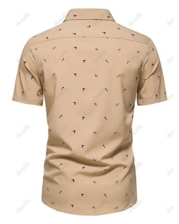 Summer Button Up Shirt Tool Print Short Sleeve Turn Down Collar Front Flap Pocket Casual Shirt