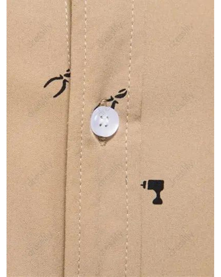Summer Button Up Shirt Tool Print Short Sleeve Turn Down Collar Front Flap Pocket Casual Shirt