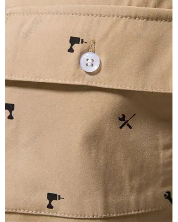 Summer Button Up Shirt Tool Print Short Sleeve Turn Down Collar Front Flap Pocket Casual Shirt
