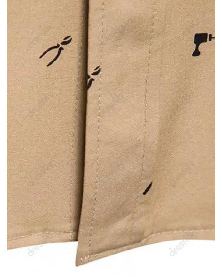 Summer Button Up Shirt Tool Print Short Sleeve Turn Down Collar Front Flap Pocket Casual Shirt