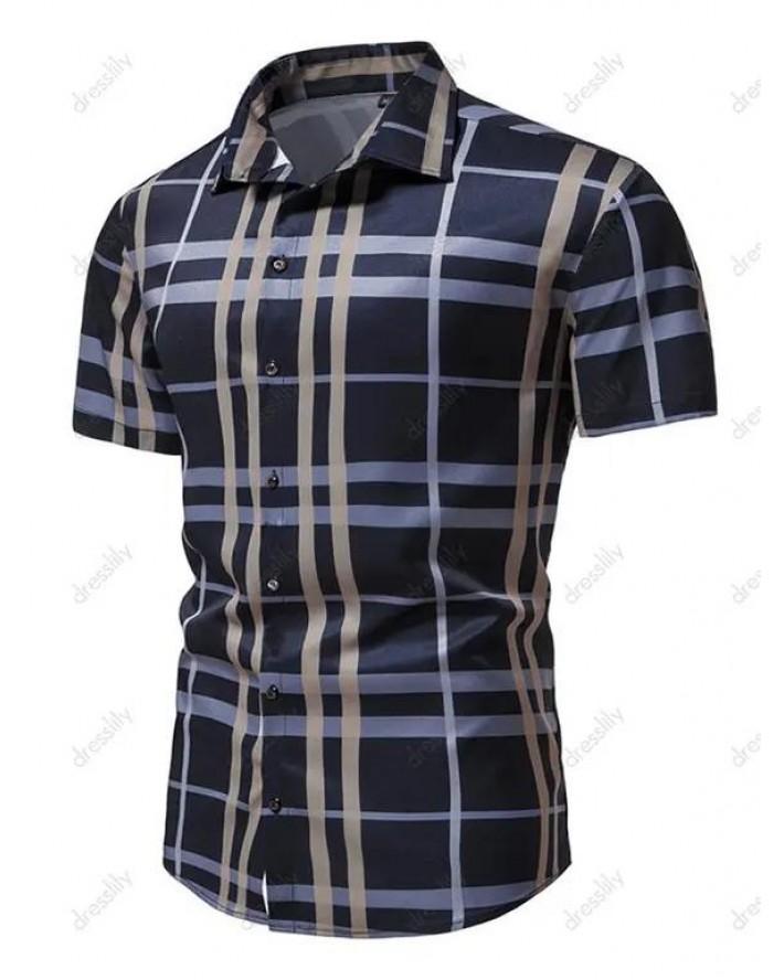 Vintage Shirt Plaid Print Turn Down Collar Short Sleeve Summer Casual Button Up Shirt