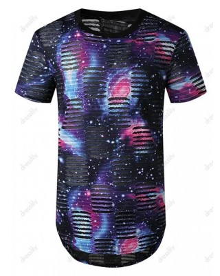 Starry Print Mesh Patch Hole Longline Curved T Shirt