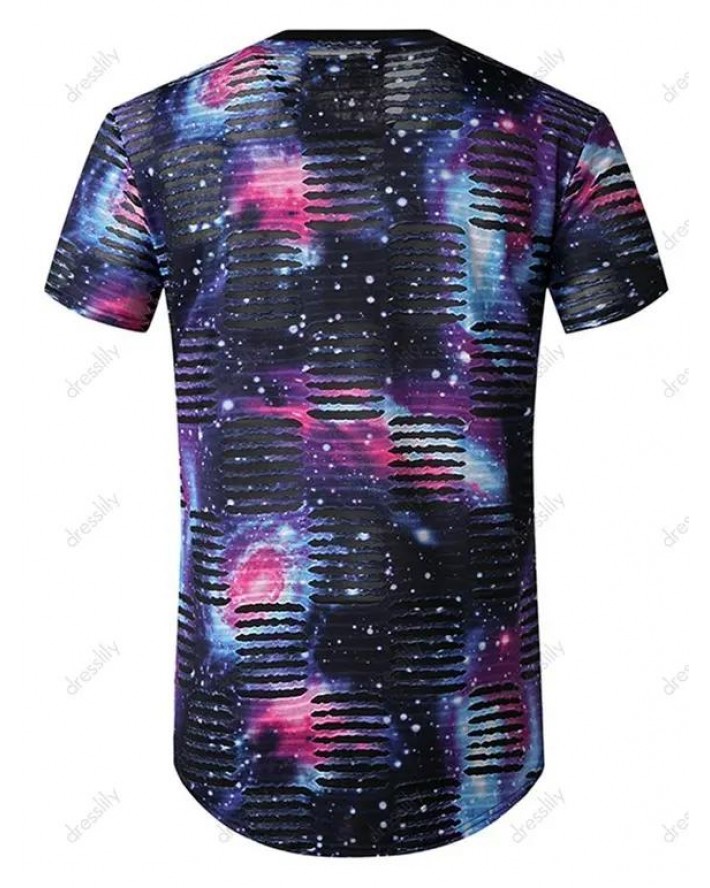 Starry Print Mesh Patch Hole Longline Curved T Shirt