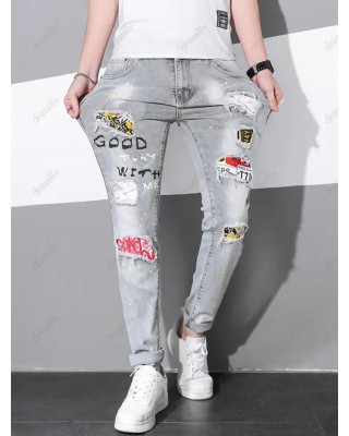 Slogan Ripped Patches Denim Pants Painting Dots Print Long Straight Casual Jeans