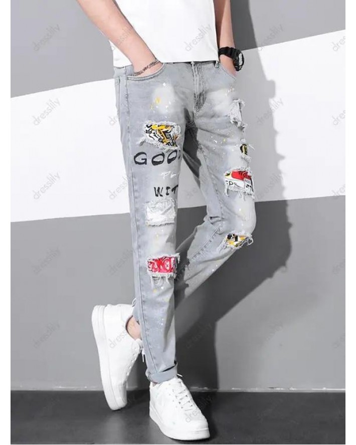 Slogan Ripped Patches Denim Pants Painting Dots Print Long Straight Casual Jeans