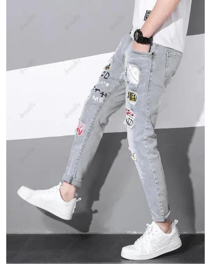 Slogan Ripped Patches Denim Pants Painting Dots Print Long Straight Casual Jeans