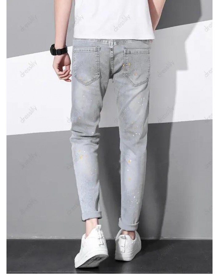 Slogan Ripped Patches Denim Pants Painting Dots Print Long Straight Casual Jeans