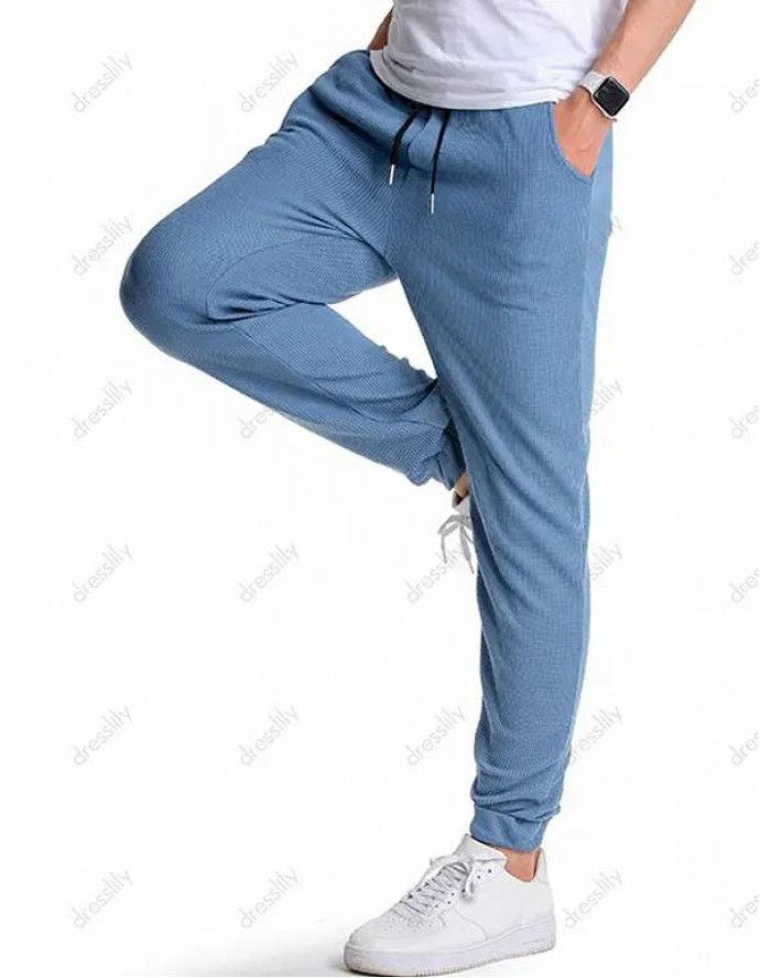 Textured Plain Sweatpants Drawstring Elastic Waist Pockets Sport Jogger Pants