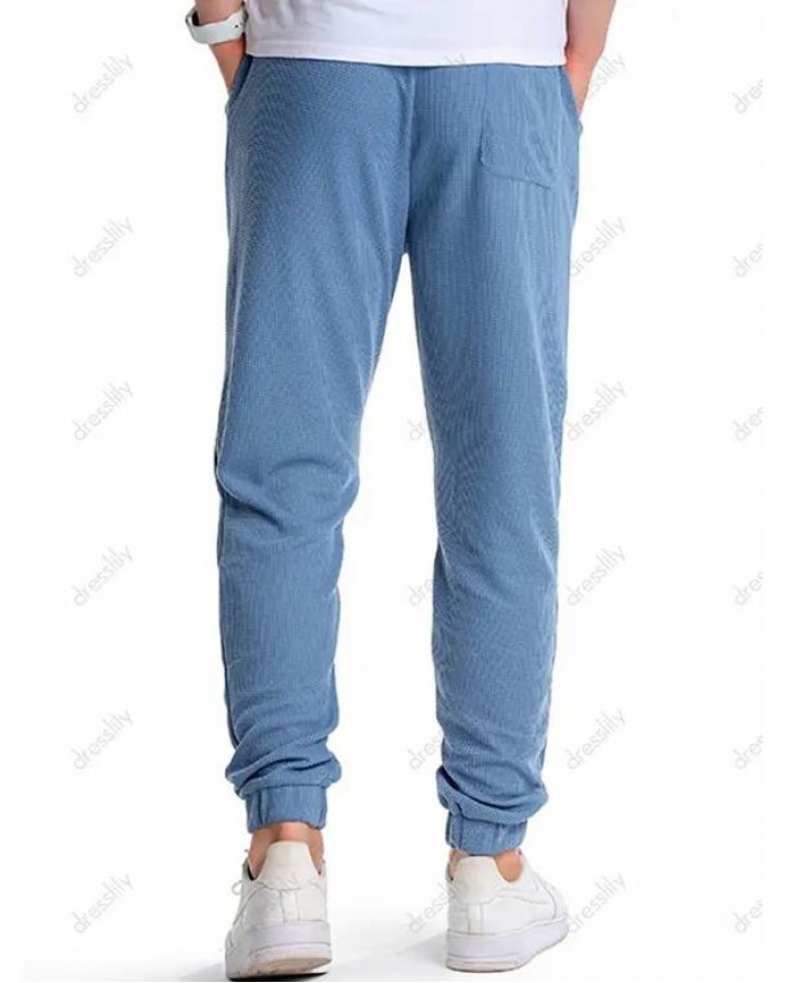 Textured Plain Sweatpants Drawstring Elastic Waist Pockets Sport Jogger Pants