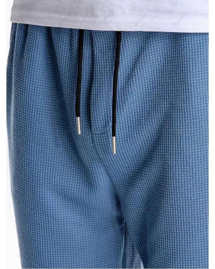 Textured Plain Sweatpants Drawstring Elastic Waist Pockets Sport Jogger Pants
