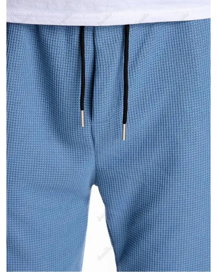 Textured Plain Sweatpants Drawstring Elastic Waist Pockets Sport Jogger Pants