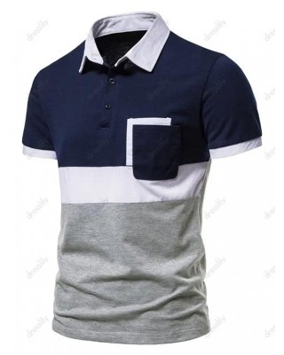 Contrast Colorblock Short Sleeve T-shirt Turn Down Collar Pocket Patch A Quarter Button Tee