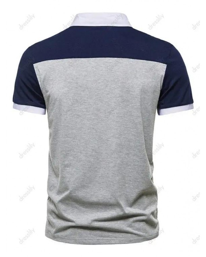 Contrast Colorblock Short Sleeve T-shirt Turn Down Collar Pocket Patch A Quarter Button Tee