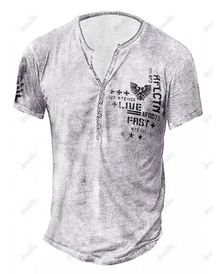 Vintage Casual T Shirt Marbled Graphic Half Button Short Sleeve Summer Tee