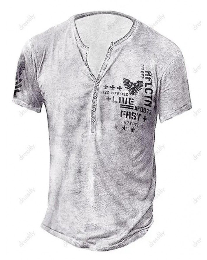 Vintage Casual T Shirt Marbled Graphic Half Button Short Sleeve Summer Tee
