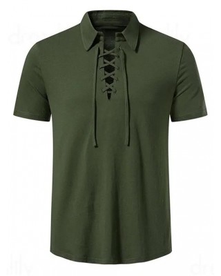 Lace Up T Shirt Plain Color Turn Down Collar Short Sleeve Casual Tee
