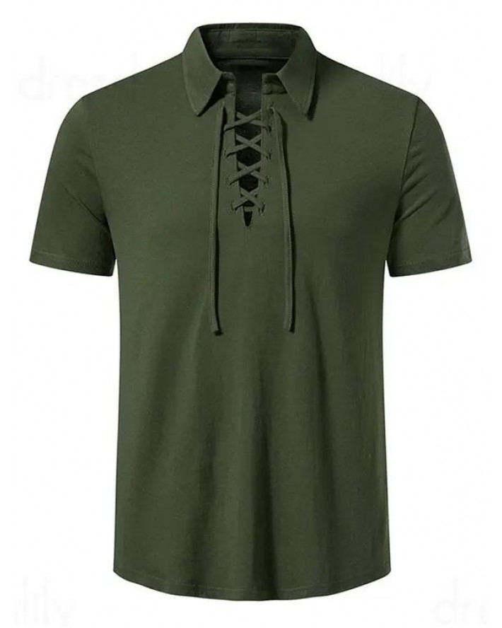 Lace Up T Shirt Plain Color Turn Down Collar Short Sleeve Casual Tee