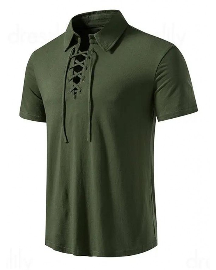 Lace Up T Shirt Plain Color Turn Down Collar Short Sleeve Casual Tee