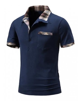 Plaid Print Panel T Shirt Front Pocket Short Sleeve Turn Down Collar Casual Tee