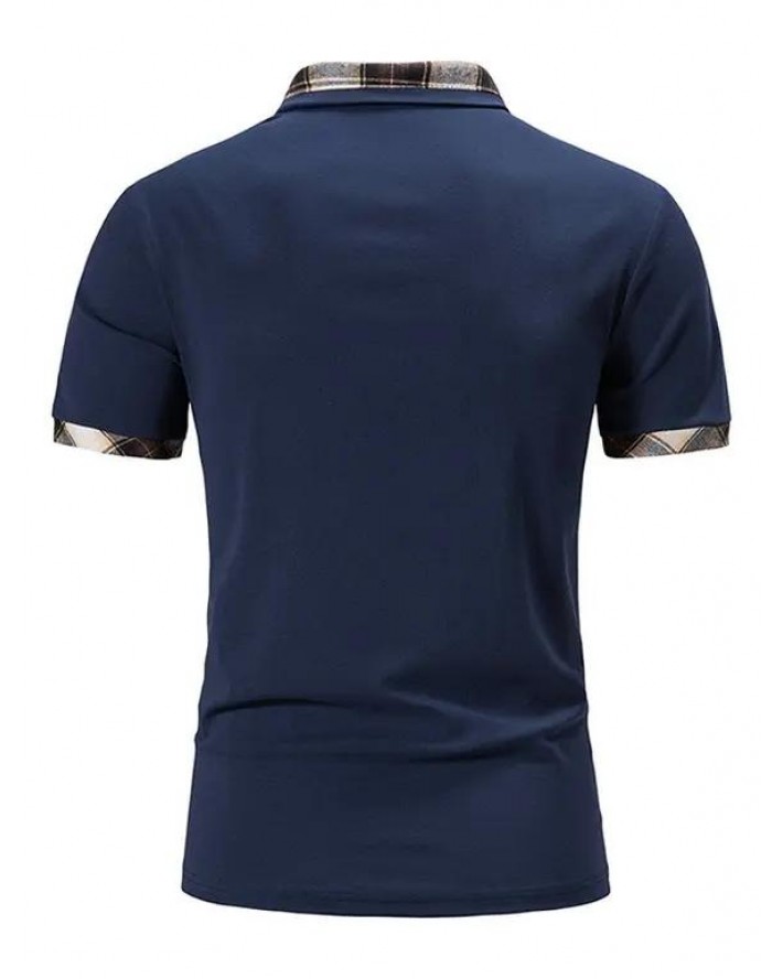 Plaid Print Panel T Shirt Front Pocket Short Sleeve Turn Down Collar Casual Tee