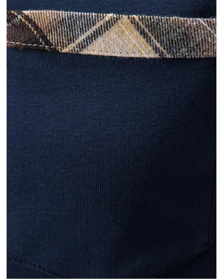 Plaid Print Panel T Shirt Front Pocket Short Sleeve Turn Down Collar Casual Tee