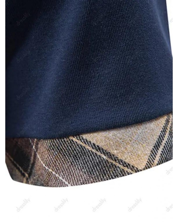 Plaid Print Panel T Shirt Front Pocket Short Sleeve Turn Down Collar Casual Tee