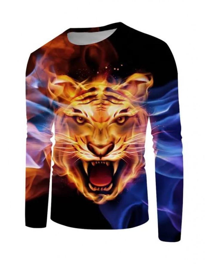 Tiger Printed T Shirt Round Neck Long Sleeve Casual Tee