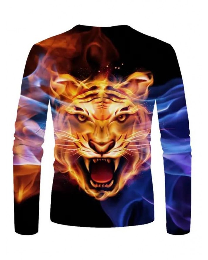 Tiger Printed T Shirt Round Neck Long Sleeve Casual Tee