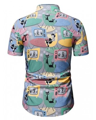 Television Figure Cat Print Graphic Short Sleeve Shirt