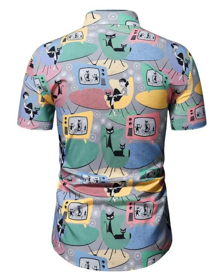 Television Figure Cat Print Graphic Short Sleeve Shirt