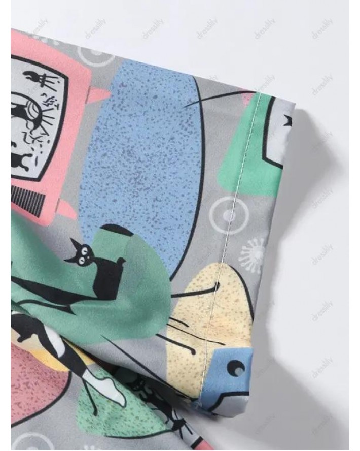 Television Figure Cat Print Graphic Short Sleeve Shirt