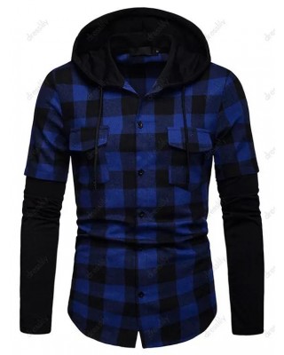 Plaid Print Shirt Hooded Shirt Front Flap Pocket Long Sleeve Button Up Shirt