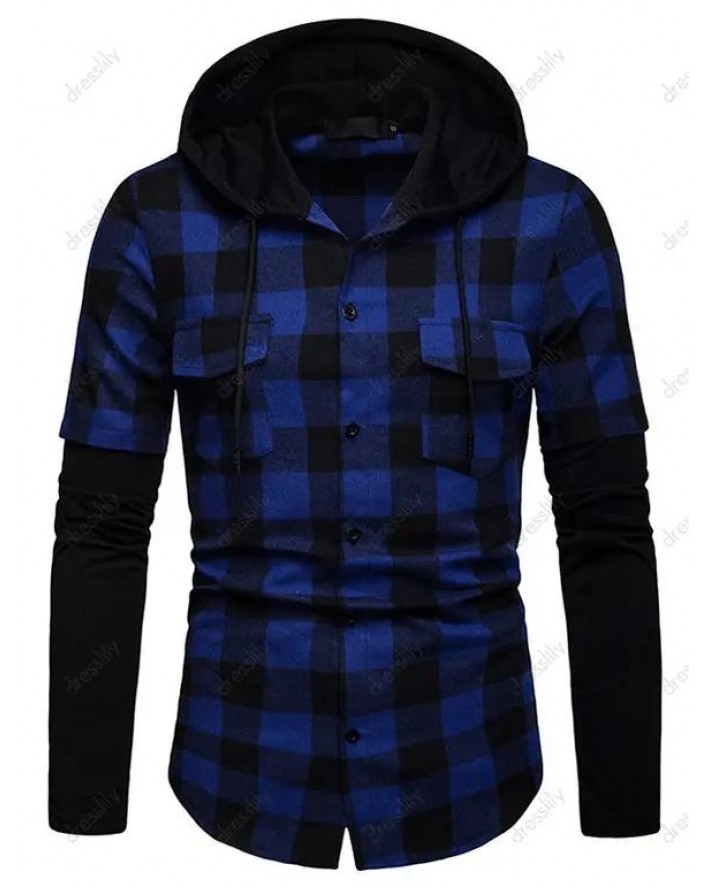 Plaid Print Shirt Hooded Shirt Front Flap Pocket Long Sleeve Button Up Shirt