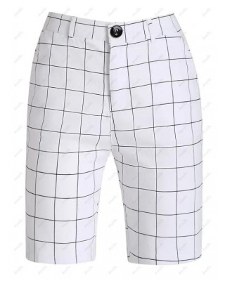 Allover Grid Print Shorts Zip Fly Button Casual Bermuda Shorts