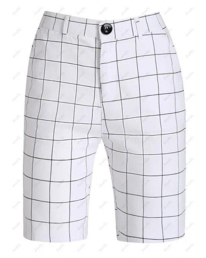 Allover Grid Print Shorts Zip Fly Button Casual Bermuda Shorts