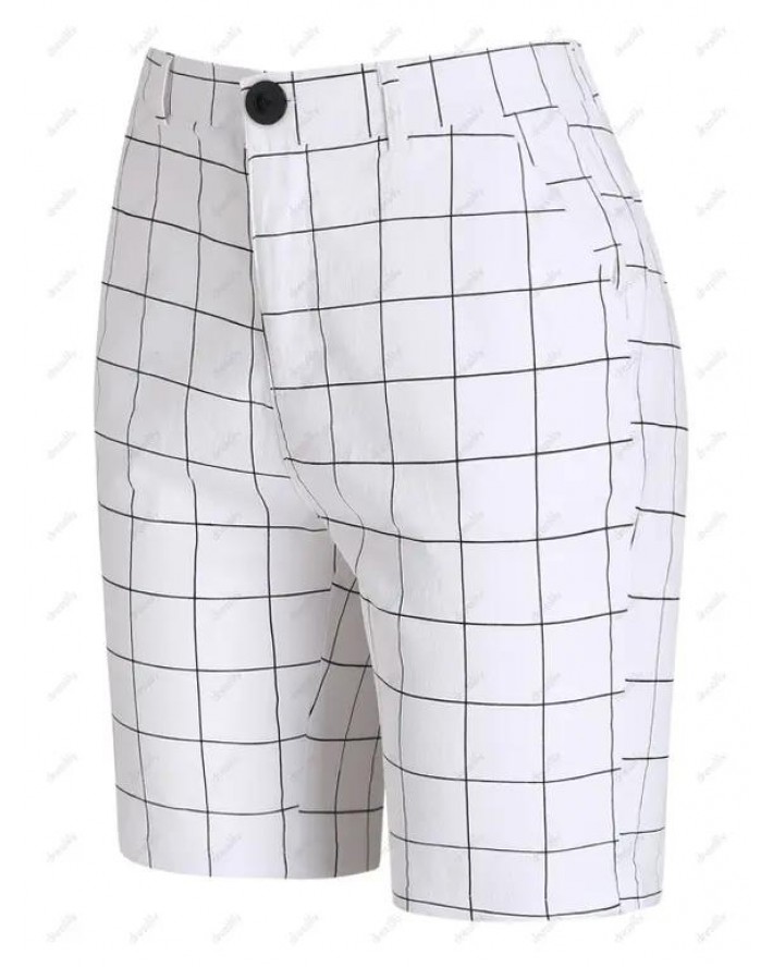 Allover Grid Print Shorts Zip Fly Button Casual Bermuda Shorts