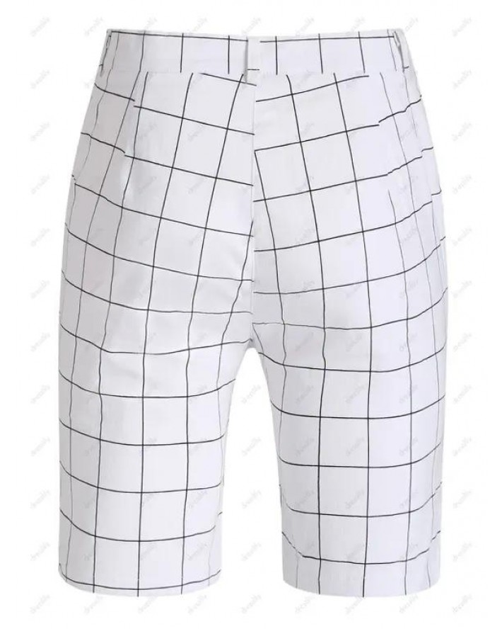 Allover Grid Print Shorts Zip Fly Button Casual Bermuda Shorts