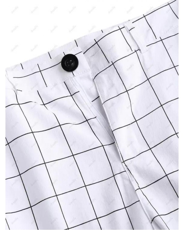 Allover Grid Print Shorts Zip Fly Button Casual Bermuda Shorts
