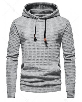 Textured Plain Color Hoodie Kangaroo Pocket Drawstring Applique Casual Hoodie